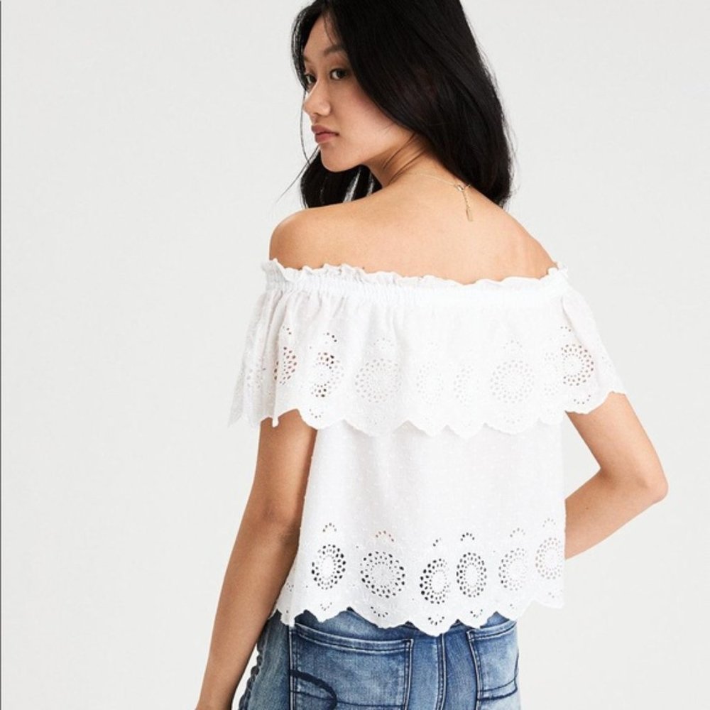 AEO White Cotton Eyelet Off Shoulder Blouse